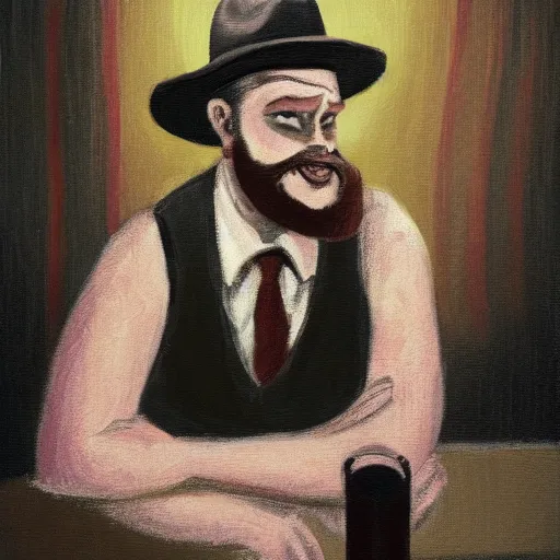 Image similar to a highly detailed portrait of a gross neckbeard man wearing a fedora in a dark basement illuminated by a computer screen, 8 k, 4 k, oil on canvas