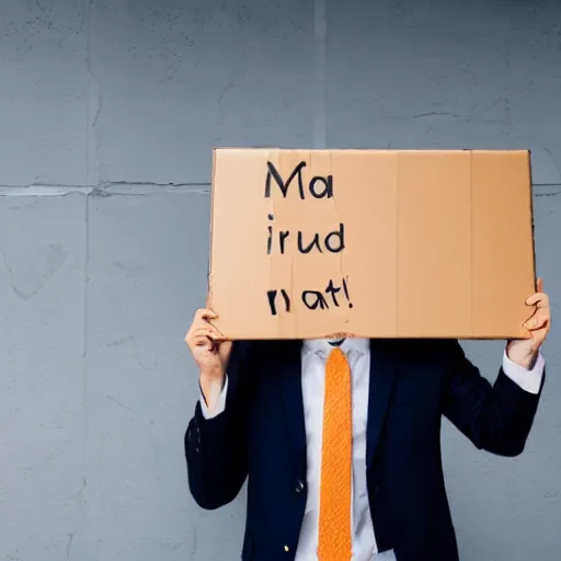 Prompt: man wearing a suit holding up a cardboard sign