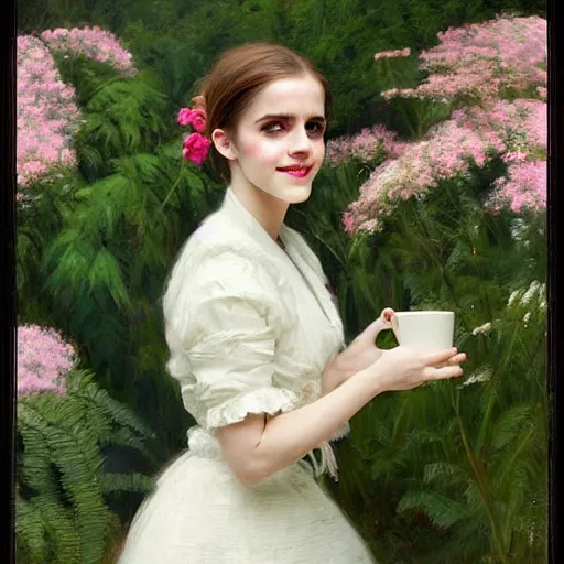 Prompt: laughing thick paint brush strokes full body fashion model emma watson by Jeremy Lipking by Hasui Kawase by Richard Schmid (((smokey eyes makeup eye shadow fantasy, glow, shimmer as victorian woman in a long white frilly lace dress and a large white hat having tea in a sunroom filled with flowers, roses and lush fern flowers ,intricate, night, highly detailed, dramatic lighting))) , high quality