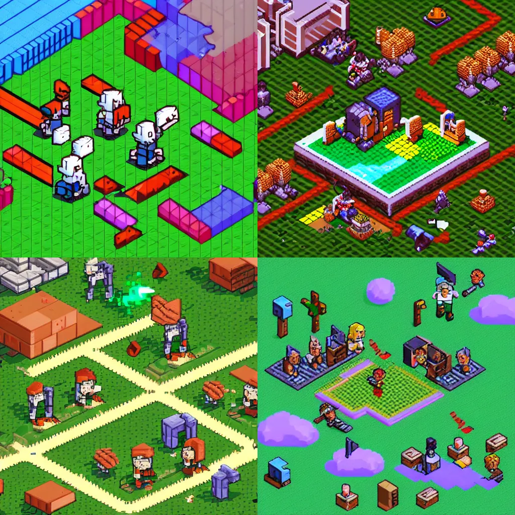 Prompt: isometric pixelart battlefield with cute characters shooting at each other