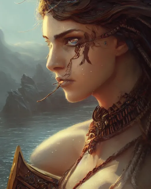 Image similar to A beautiful female warrior posing on a boat, beautiful face, highly detailed face, close-up, fantasy art, in the style of greg rutkowski, illustration, epic, fantasy, intricate, hyper detailed, artstation, concept art, smooth, sharp focus, ray tracing