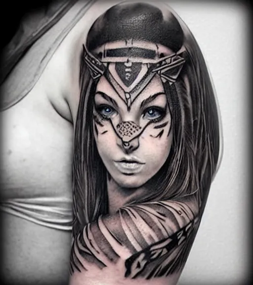 Image similar to tattoo design of a beautiful girl warrior under a tiger head, hyper realistic, realism tattoo, by eliot kohek, beautiful eyes, realistic face, black and white, white background