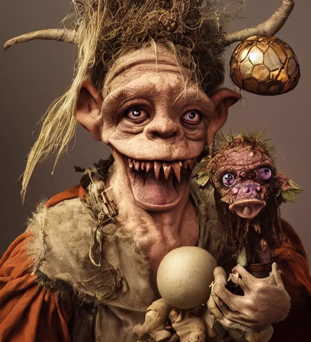 Prompt: hyper realistic portrait of postapocalyptic muppet show goblin death cult monk, glass beads, clay amulets, cinematic, symmetric, artstation, cgsociety, brian froud, jean baptiste monge, scott radke