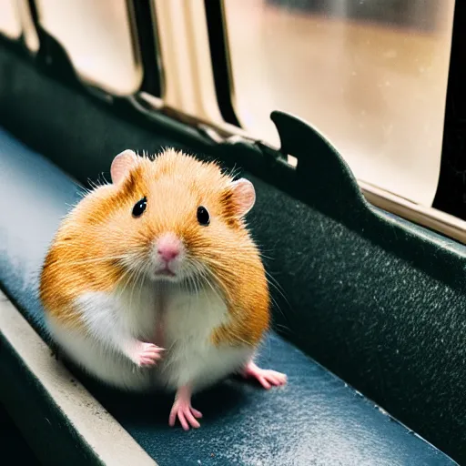 Prompt: distant photo of a hamster, sitting on a seat in a train, various poses, unedited, soft light, sharp focus, 8 k