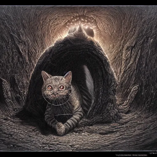 Image similar to photorealistic demonic cat in the style of michael whelan and gustave dore. hyperdetailed photorealism, 1 0 8 megapixels, amazing depth, glowing rich colors, powerful imagery, psychedelic overtones, 3 d finalrender, 3 d shading, cinematic lighting, artstation concept art