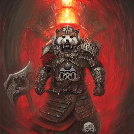 Image similar to angry anthropomorphic shiba inu, wearing berserk anime skull knight armor and sword, blood aura red light, fantasy, dark, portrait art by donato giancola and greg rutkowski, realistic face, digital art, trending on artstation, symmetry