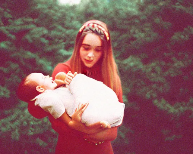 Image similar to a lomographic photo of young women holding her child on hands, year 1 9 7 0, cinestill, bokeh