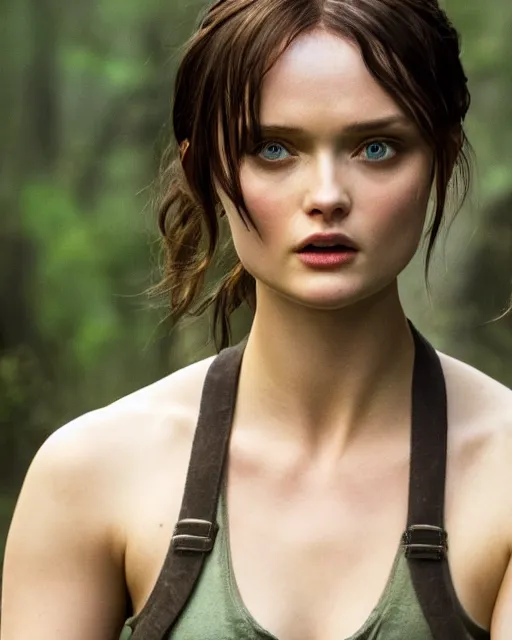 Image similar to bella heathcote as lara croft, golden hour, cinematic