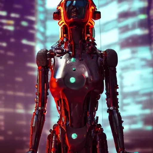 Prompt: cyberpunk humanoid from 2100 wearing clear coat ,digital art,octane render,cgsociety