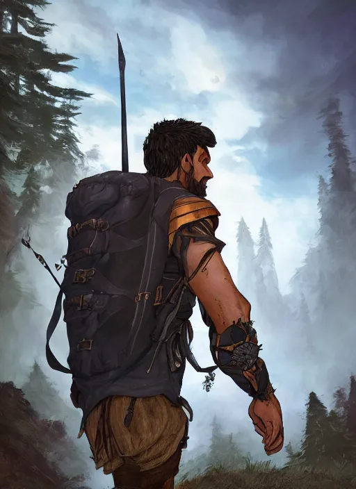 Image similar to an epic fantasy comic book style portrait painting of a male fantasy explorer in the wilds with a backpack and map, unreal 5, daz, hyperrealistic, octane render, cosplay, rpg portrait, dynamic lighting