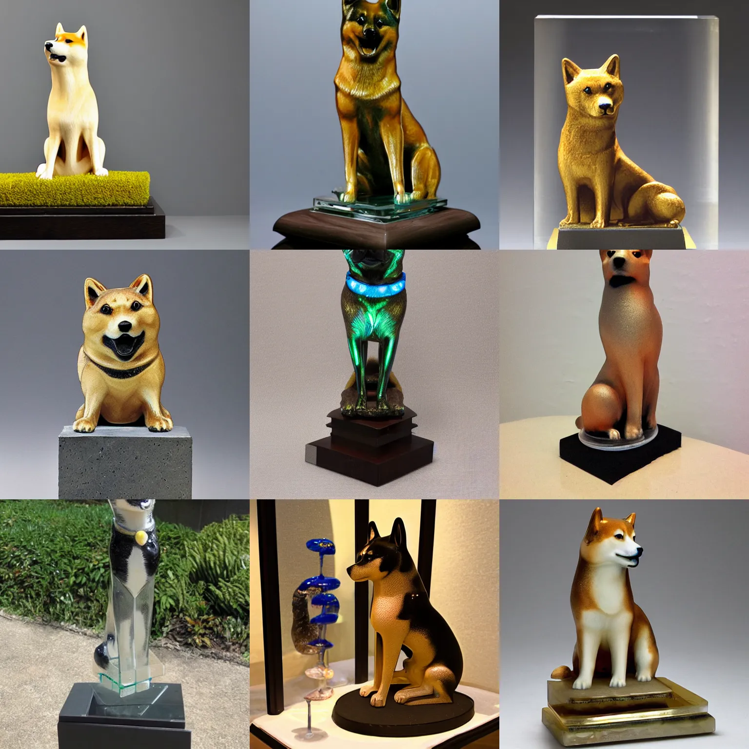 Prompt: a glass statue of a shiba inu