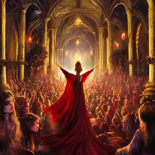 Prompt: Fantastic, fairytale painting, medieval, Beautiful, sorceress, long flowing red hair, intense glowing eyes, light emitting from fingetips, hovering, ornate gown, royalty, surrounded by a crowd of people, onlookers, kingdom, hyperrealistic, dungeons and dragons, painting