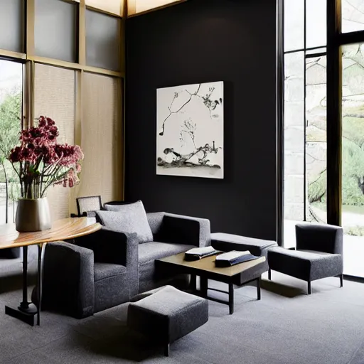 Image similar to lounge and dining room, stone, interior design, stylish luxury hotel living room design, yakisugi, black vertical slatted timber, textures, feminine, black walls, art, Japanese pottery vase with flowers, kakejiku, seasonal, Japanese influences