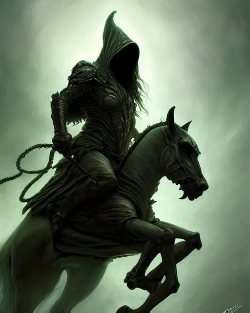 Prompt: concept art by artgerm, pestilence of the four horsemen of the apocalypse, soft green natural light, intricate, hooded death riding a horse, highly detailed dark art, digital painting, artstation, concept art, smooth, sharp focus, illustration, art by greg rutkowski and luis rollo and uang guangjian and gil elvgren, symmetry!