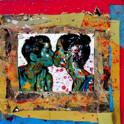 Prompt: two women kissing at a carnival in a war zone, mixed media collage, retro, paper collage, magazine collage, acrylic paint splatters, bauhaus, claymation, layered paper art, sapphic visual poetry expressing the utmost of desires by jackson pollock