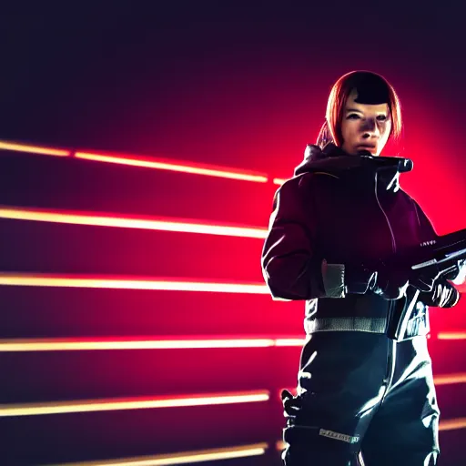 Prompt: photographic portrait of a techwear woman holding a shotgun, holding shotgun down, closeup, on the rooftop of a futuristic city at night, sigma 85mm f/1.4, 4k, depth of field, high resolution, full color, award winning photography, inspired by Kill Bill, inspired by John Wick, inspired by Die Hard, movies with guns, movie firearms