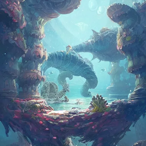 Prompt: Astronauts and some mythical animals are under the sea, they are swimming away from the giant kraken, the kraken is behind chasing them, this is an extravagant planet with wacky wildlife, the background is full of ancient ruins, by Jordan Grimmer digital art, trending on Artstation,