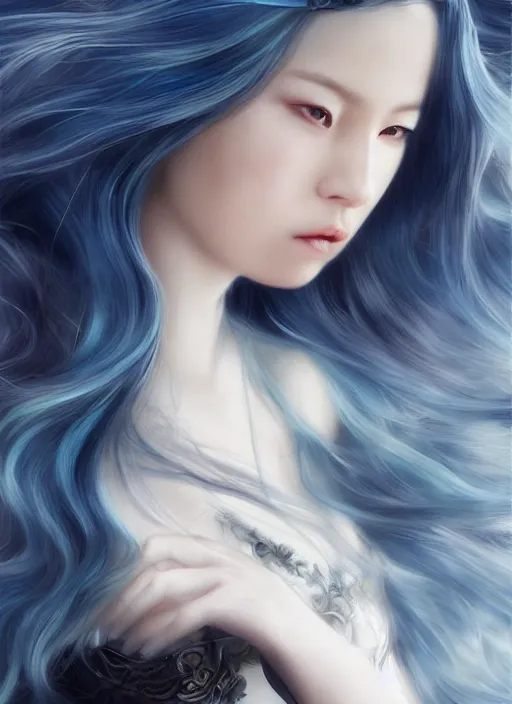 Image similar to a beautiful woman gheisa, 8 k, hyperrealistic, asian hyperdetailed, beautiful face, long blue hair windy, dark fantasy, white skin porcelain, fantasy portrait by laura sava