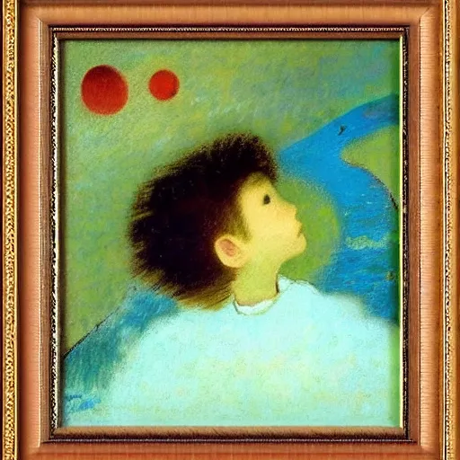 Prompt: pretty child eating ice cream on the beach, long hair flying becouse wind, by odilon redon