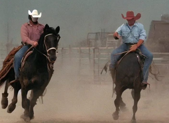 Image similar to a cowboy horse chase vigilantes with face masks disguise, shoot out, exploding horse wide shot, from the hit 1 9 9 0 s tv show on tnt