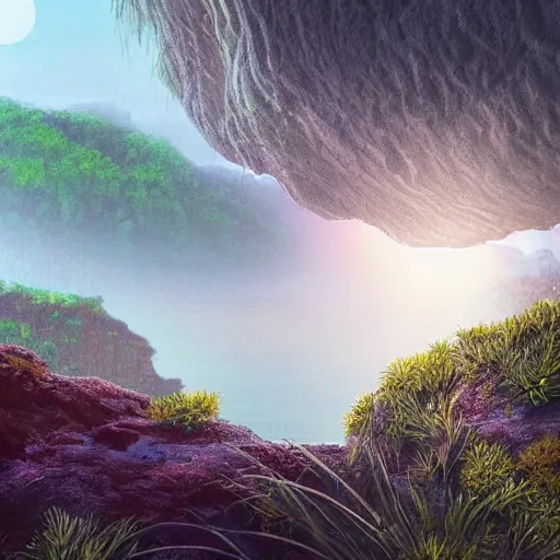 Image similar to artistic digital artwork of a lush natural scene on an alien planet. beautiful landscape by lurid ( 2 0 2 2 ). weird vegetation. cliffs and water. grainy and rough. soft interesting colour palette. beautiful light. high quality render.