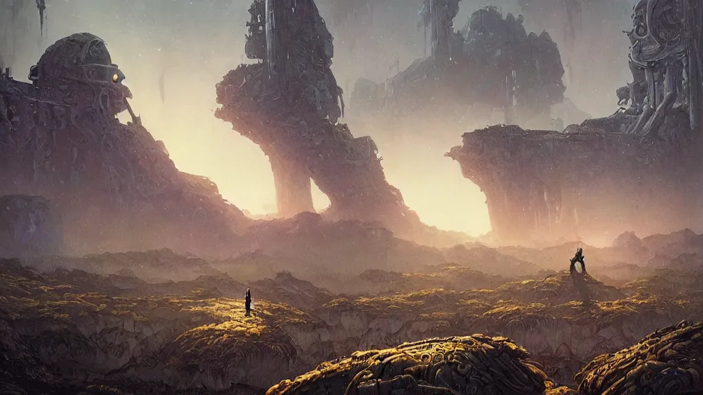 Image similar to eerie atmospheric alien planet with biomechanical plants and the ruins of civilization by les edwards and vincent di fate and anato finnstark, epic cinematic matte painting