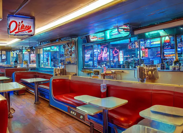 Image similar to interior of an american diner in arkansas, cyberpunk style, hyperrealistic and beautiful painting, 8 k resolution, by hugh ferris and john smith, polished, fine detail, intricate, blue color scheme, smooth, octane, concept art, trending on artstation