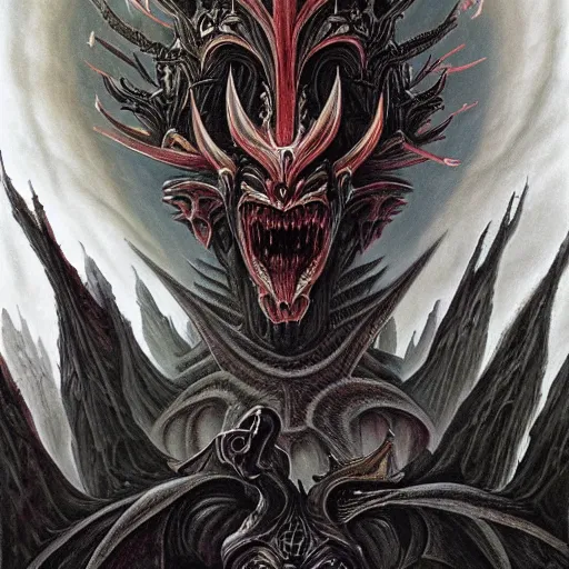 Prompt: an epic demonic alien dragon demigod descending from the heavens and cosmos to consume the earth, gothic castle with tall spires, by dan seagrave art