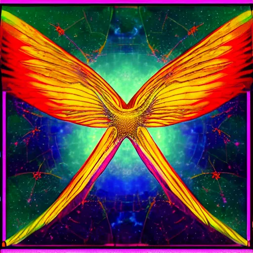 Prompt: multicolor open wings, a yellow eight-pointed-star in the center, an open eye in its center, space in the background, digital art