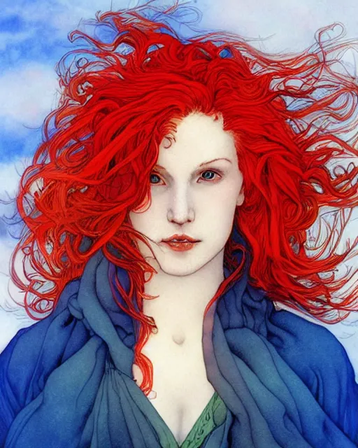 Prompt: a hyper realistic portrait of a beautiful woman with red hair, blue skies background, fog, vibrant colors. by rebecca guay