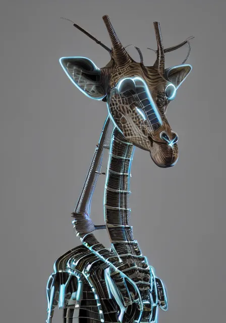 Image similar to complex 3 d render hyper detail portrait of a mechanical giraffe cyborg, sci fi, full body, intricate, art by kazuhiko nakamura and hajime sorayama, 8 k octane detailed render, post - processing, extremely hyperdetailed, intricate futuristic mechanic parts, maya, dark background, sharp focus, blender, cinematic lighting + masterpiece, trending on artstation