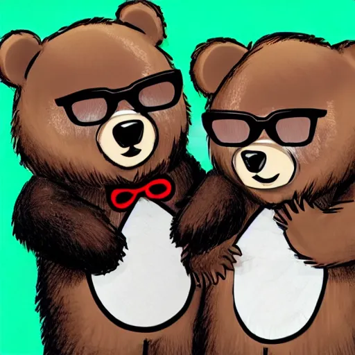 Prompt: A cute bear couple, one wearing glasses, fluffy