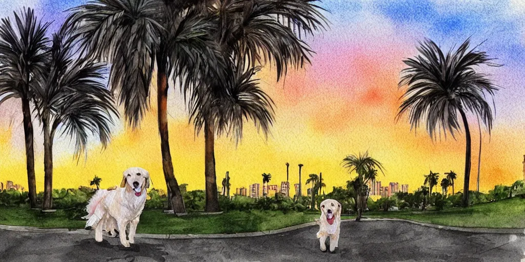 Image similar to golden retriever dog walking in tel aviv street looking at the camera. palm trees. realistic. sunset. high quality. digital art. watercolor. highly detailed. drawing. art. colorful. fluffy