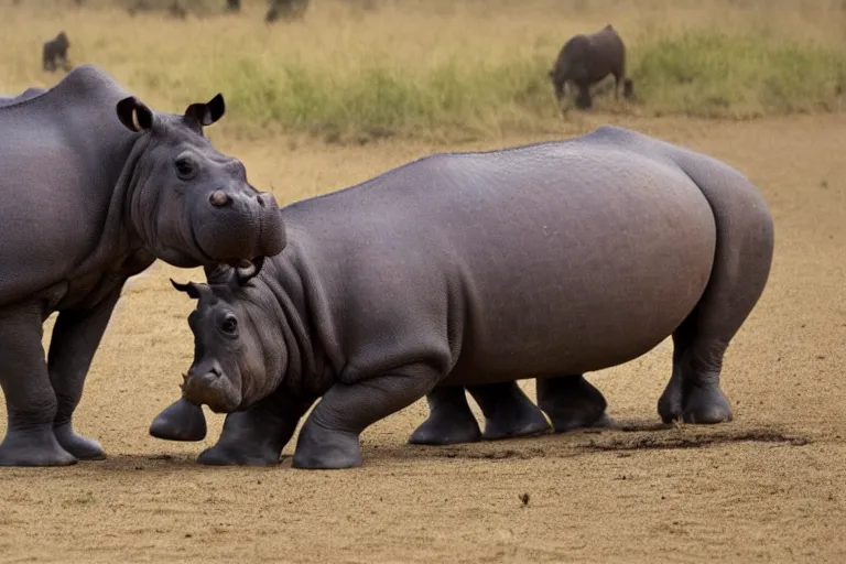 Prompt: a Hippopotamus string at a Rhinoceros, both preparing themselves to what is to come next