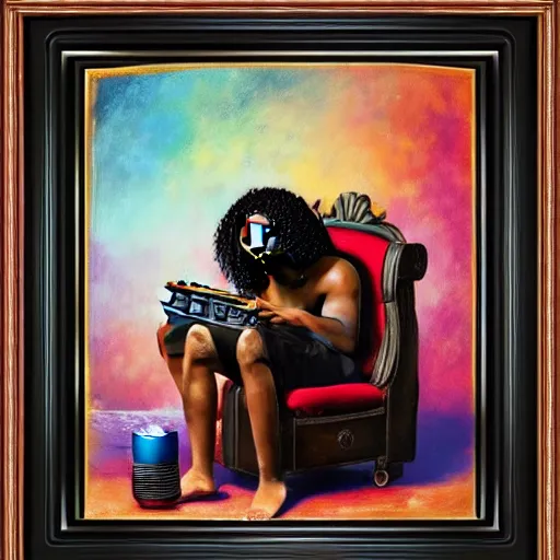 Image similar to painting of a tiny black man with long curly hair seated on a gigantic speaker, dramatic, album cover concept art, realistic, detailed, framed