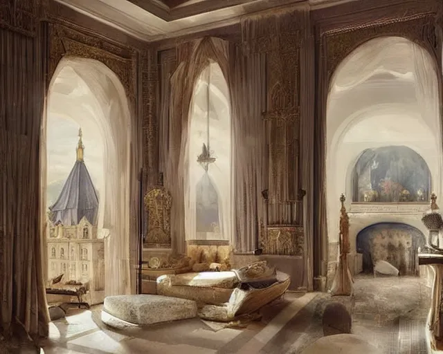 Image similar to a 5 star hotel suite room in the style of renaissance florence, art by greg rutkowski and artgerma, stunning concept art, interior design