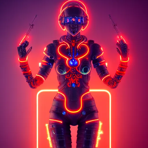 Image similar to cybernetic female warrior with glowing red heaphones and glowing red intricate sigils of death covering her body, intricate detail, finely detailed, small details, extra detail, trending on artstation, high resolution, 3D