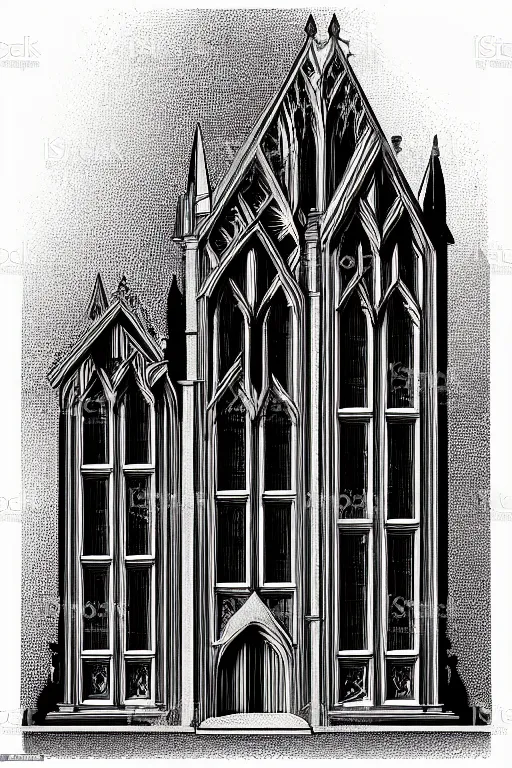 Prompt: realistic gothic library, art by james o barr and albrecht durer, engraving, black and white, vector, vector art