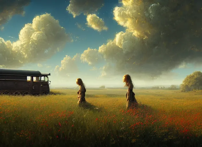 Image similar to detailed intricate digital illustration by greg rutkowski and and wlop and sanford robinson gifford ; conversion van, beautiful meadow with colorful flowers and puffy clouds in background ; 1 3 mm film, arri alfa anamorphic lens ; sharp focus, golden hour lighting, trending on artstation 4 k ; close view