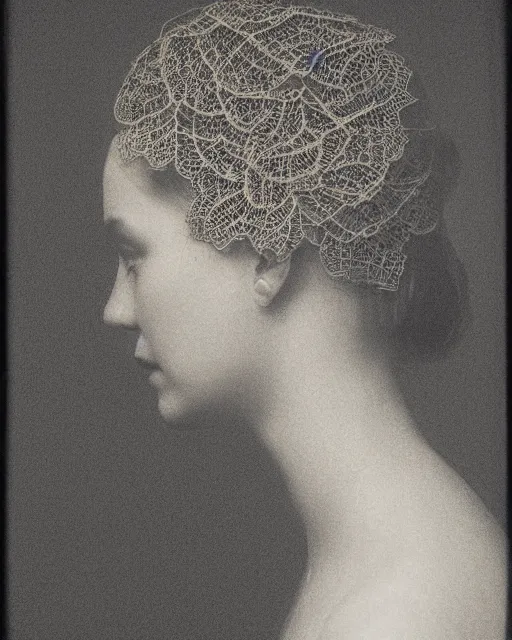 Image similar to a woman's face in profile, made of intricate delicate lace leaf, in the style of the dutch masters and gregory crewdson, dark and moody