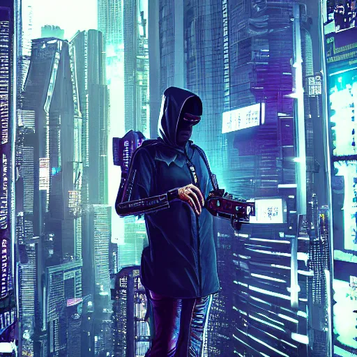 Image similar to cyberpunk hacker in front of bangkok by kashin, wadim