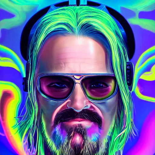 Image similar to a colorful closeup portrait of the a cybertronic mask depicting the dude from the big lebowski. dreamy vibes floating head and dreaming psychedelic hair. halo behind his head. trending on artstation. by peter mohrbacher and moebius and alex ross. intricate detail. hyperrealistic. photorealism. 8 k. flat design