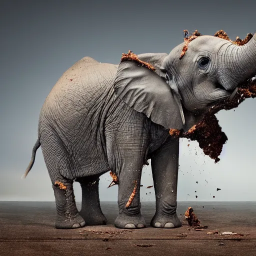 Image similar to an elephant falling apart and crumbling to dust to the air, photorealistic