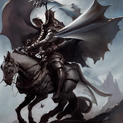 Image similar to hooded knight riding a wyvern by frank frazetta, flowing cape, dynamic pose, chiaroscuro, fantasy, very detailed, dungeons & dragons, sharp focus, striking, artstation contest winner, detailed