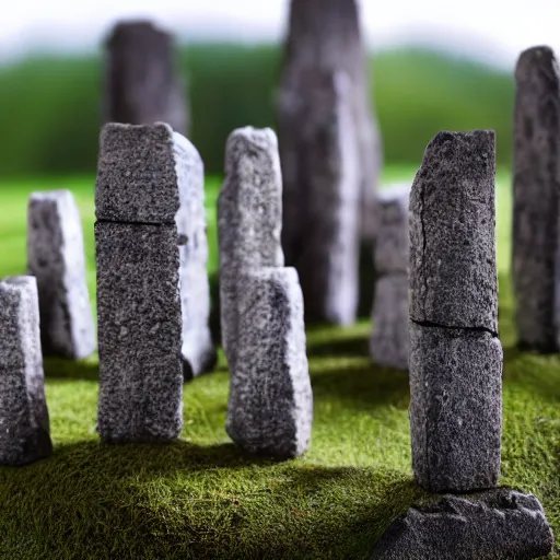 Prompt: macro photo of a miniature ho scale stonehenge model, taken with canon 8 0 d, canon 1 0 0 mm f / 2. 8