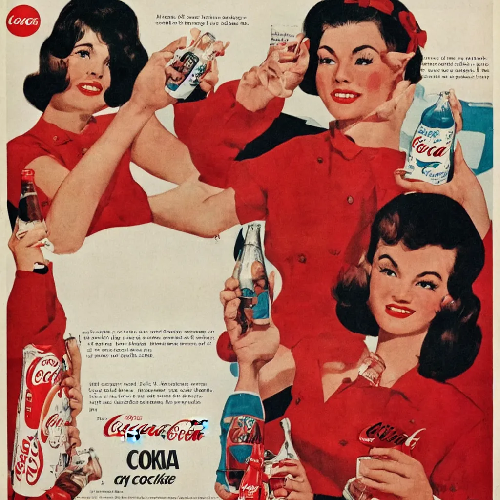 Prompt: a woman drinking a bottle of coke, coka-cola advertisement, retro ad, print advertising, 1960's