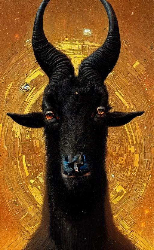 Image similar to a detailed portrait of a black goat in space, concept art, deep focus, intricate, highly detailed, digital painting, artstation, matte, sharp focus, illustration, art by greg rutkowski and alphonse mucha