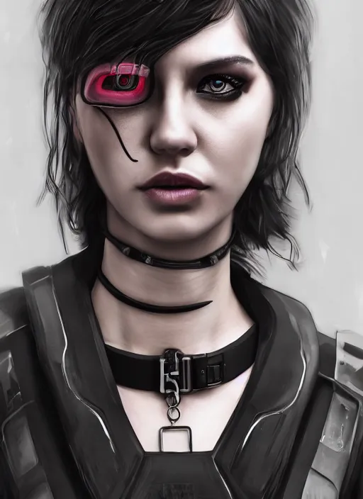 Prompt: detailed realistic female character cyberpunk wearing thick technological collar around neck, realistic, art, beautiful, 4K, collar, choker, collar around neck, punk, artstation, detailed, female, woman, choker, cyberpunk, punk, collar, choker, collar around neck,