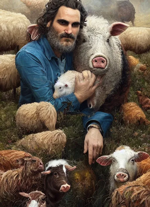 Prompt: a hyper detailed painting of joaquin phoenix surrounded by farm animals, cow, pig, sheep, chicken, horror, by anna podedworna, by miklos ligeti, by diego maricato, by taran fiddler, by antonino truisi, by chris reddie, by jinsung lim, trending on artstation