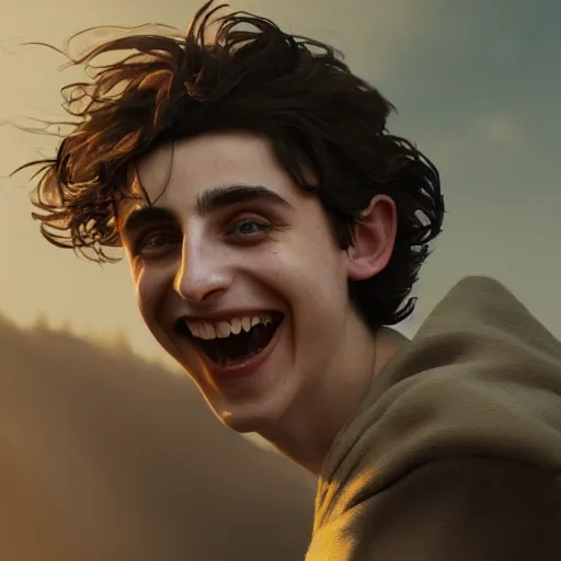 Prompt: Timothée Chalamet laughing, sharp focus, fantasy style, octane render, volumetric lighting, 8k high definition, by greg rutkowski, highly detailed, trending on art Station